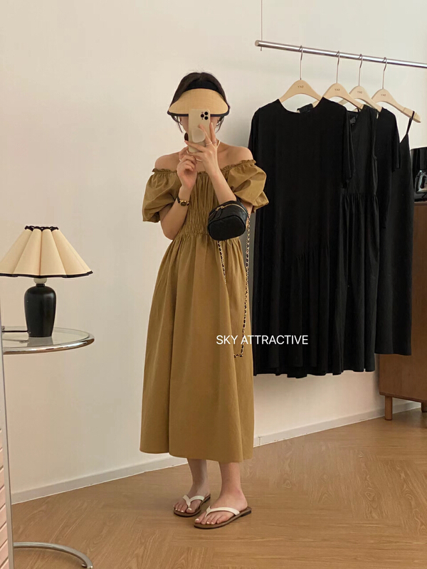 [sky] French square neck bubble sleeve pleated waist slim dress 19336\hbx