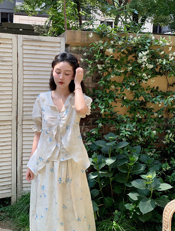 [w design] French retro blouse + flower pleated skirt set 36671\wpl