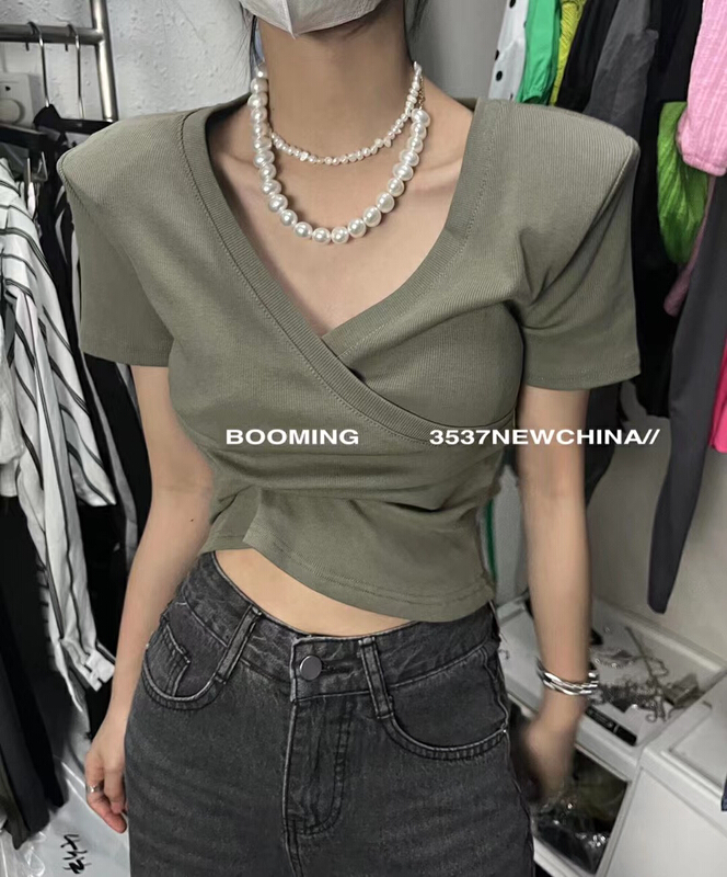 [looming] cross V-neck Casual Short Sleeve T-shirt 2491\zxl