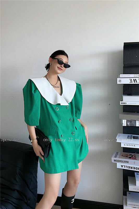 [open] contrast Lapel double row button suit dress 8833\ozq