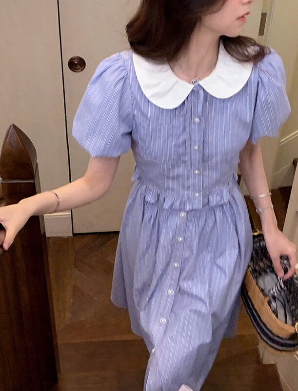 [w design] French retro doll neck vertical stripe blouse + pearl single breasted skirt suit 41301\wpl