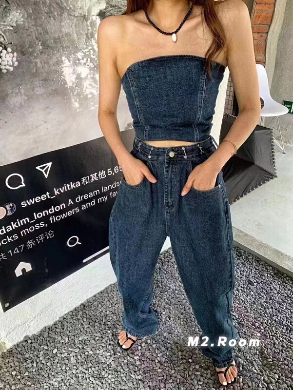 [ff.studio] Spice Girl design soft denim bra + high waist denim pants set 6370\ozq