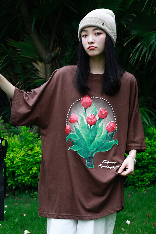[lab eeda] Japanese retro Hong Kong Style tulip printed short sleeve T-shirt 3162\ozq