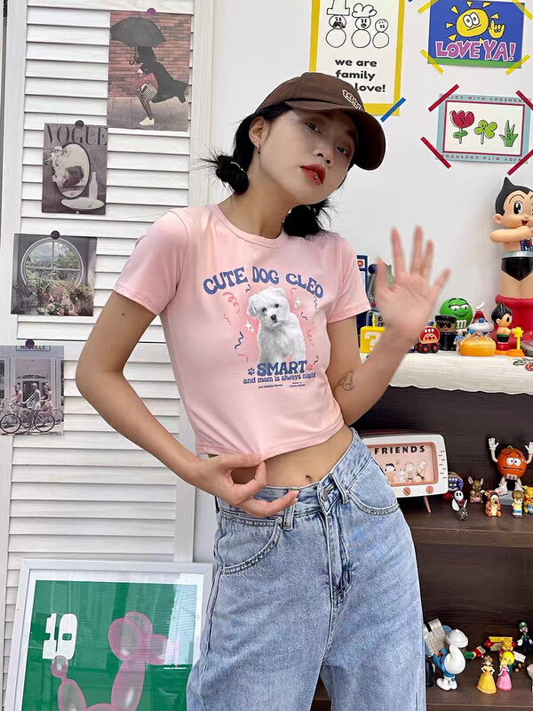 [lab eeda] Dog Print female 2022 summer new street retro Spice Girls slim short sleeve T-shirt 3154\ozq