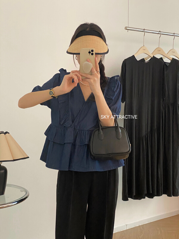 [sky] V-neck Ruffle pleated shirt 19322\hbx