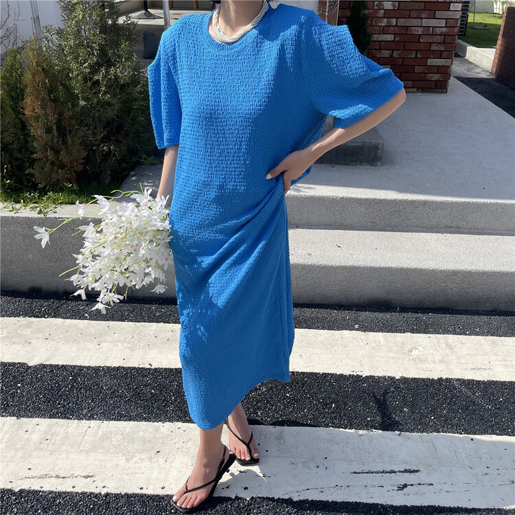 [open] simple casual round neck loose texture long dress dress 3832\ozq