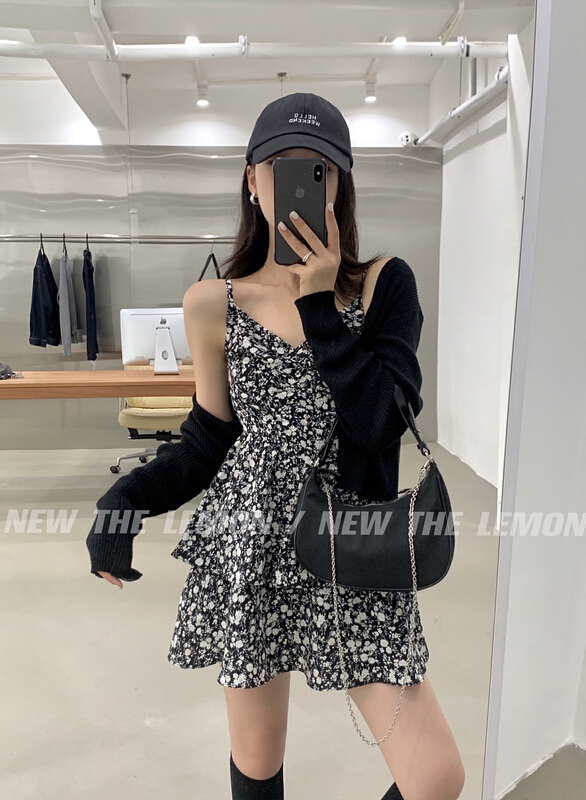 [lemon green tea] French retro floral suspender dress 2281