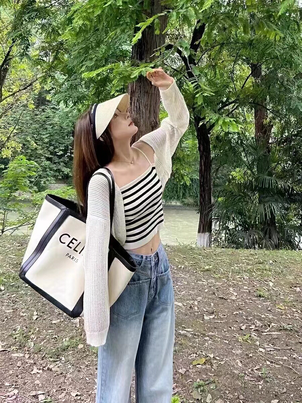 [ff.studio] leisure stripe contrast color knitted suspender Vest + sunscreen long sleeve knitted open suit 7026\ozq