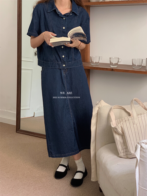 [we are] Korean wash denim shirt + medium length skirt suit 60070\zjy