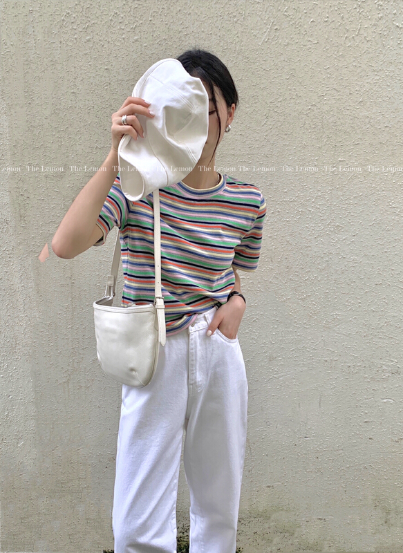 [lemon green tea] round neck mixed color comfortable stripe short sleeve T-shirt 2292
