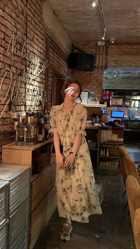 [w design] Korean loose casual versatile plain elegant printed loose slim dress 38871\wpl