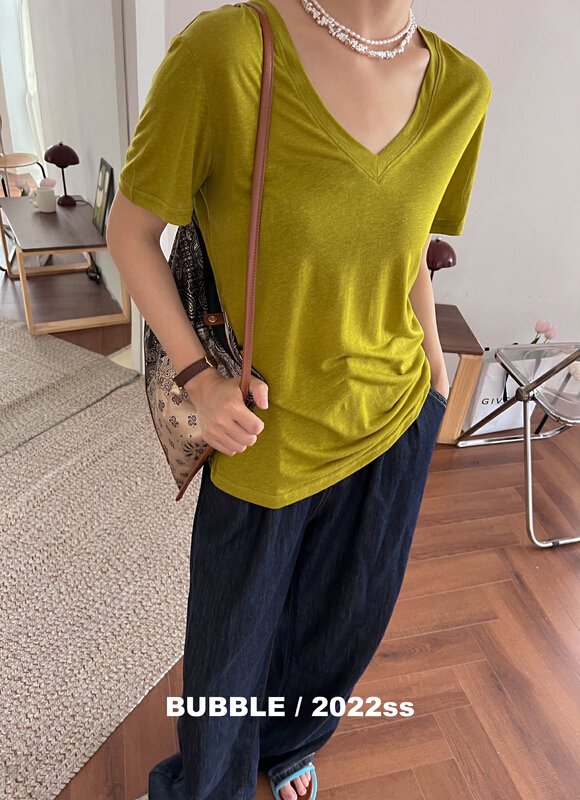 [bubble] Korean V-neck simple short sleeve T-shirt 22t140\ozq