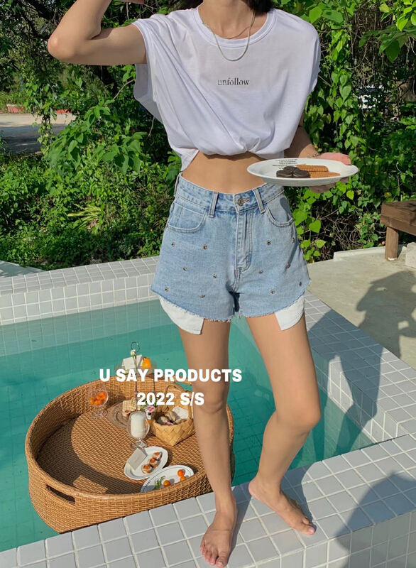 [u say] light color heavy industry metal flower nail High Waist Wide Leg Denim Shorts 66057\jhy