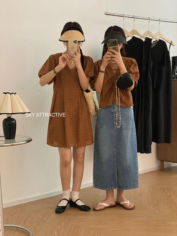 [sky] V-neck hollow out hook French short dress 19333\hbx