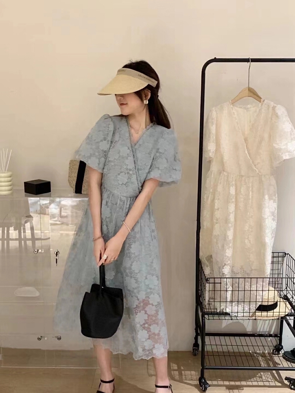 [baby] Vintage lace Jacquard V-neck dress 8699\wtt