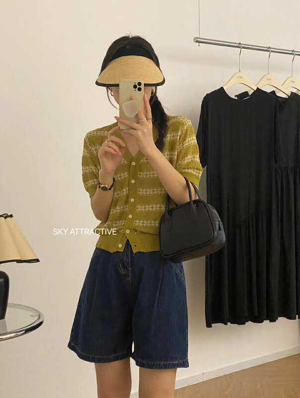 [sky] V-neck Vintage jacquard contrast knit cardigan s159\hbx