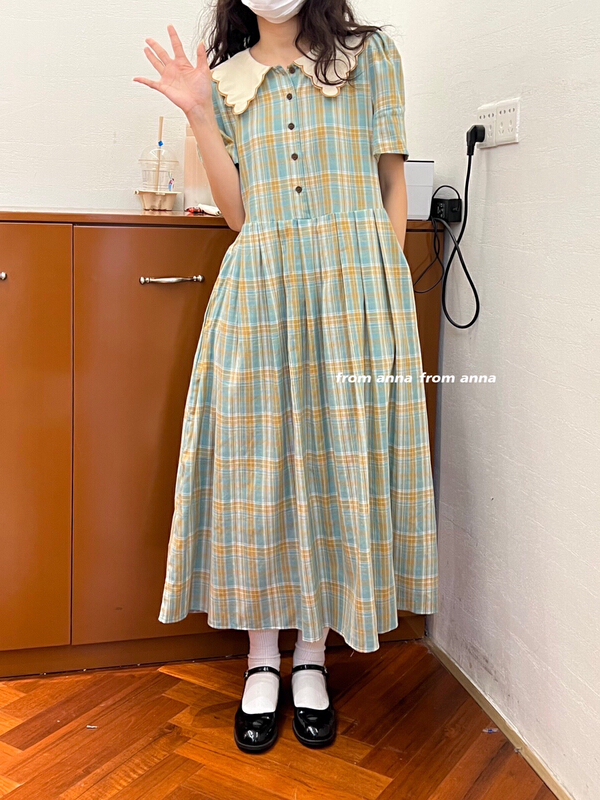[from Anna] Korean version college style Lapel Plaid Dress 2078\lsw