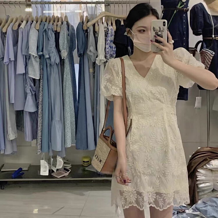 [u say] French Advanced V-neck lace dress 66127\jhy