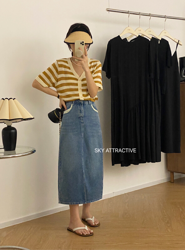 [sky] Vintage Blue patchwork denim skirt 2873\hbx