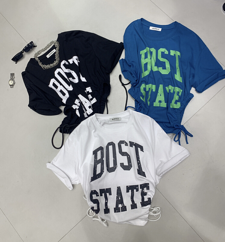 Original price 50.76! [bubble] Street trend hem drawstring letter short sleeve T-shirt 22t126\ozq