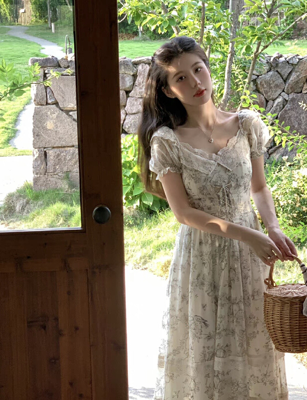[w design] French retro floral waist dress 37491\wpl