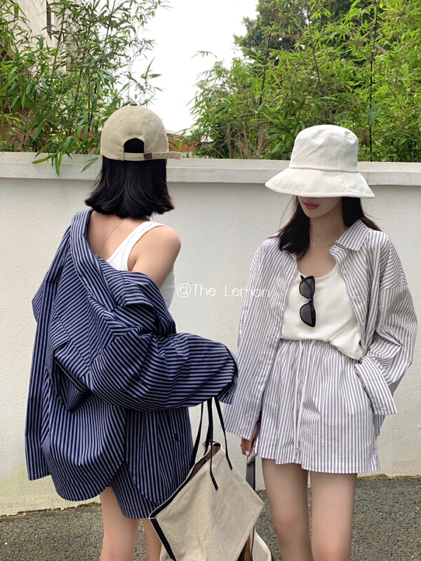 [lemon green tea] fashion stripe sunscreen Shirt Shorts suit 2270