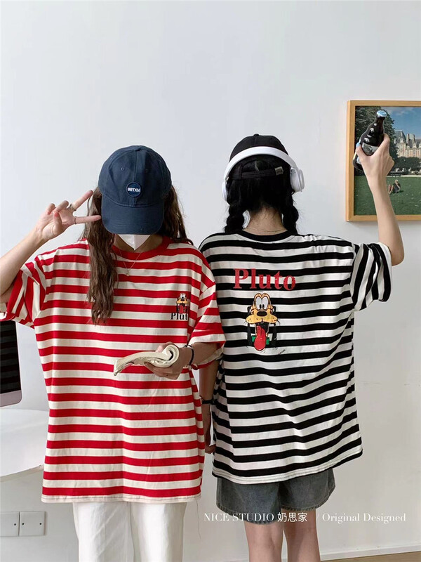 [naisijia] stripe cartoon printed loose short sleeve T-shirt 9017\zjy