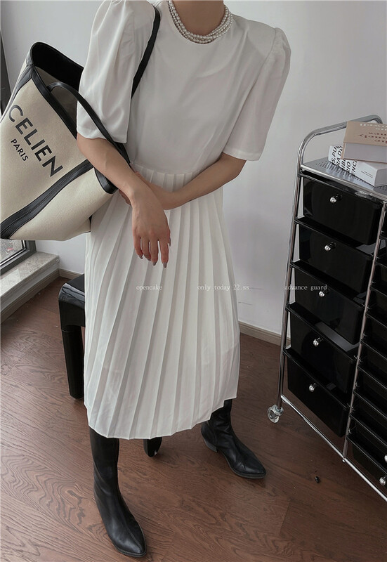 [open] simple solid color Pleated Dress 3817\ozq