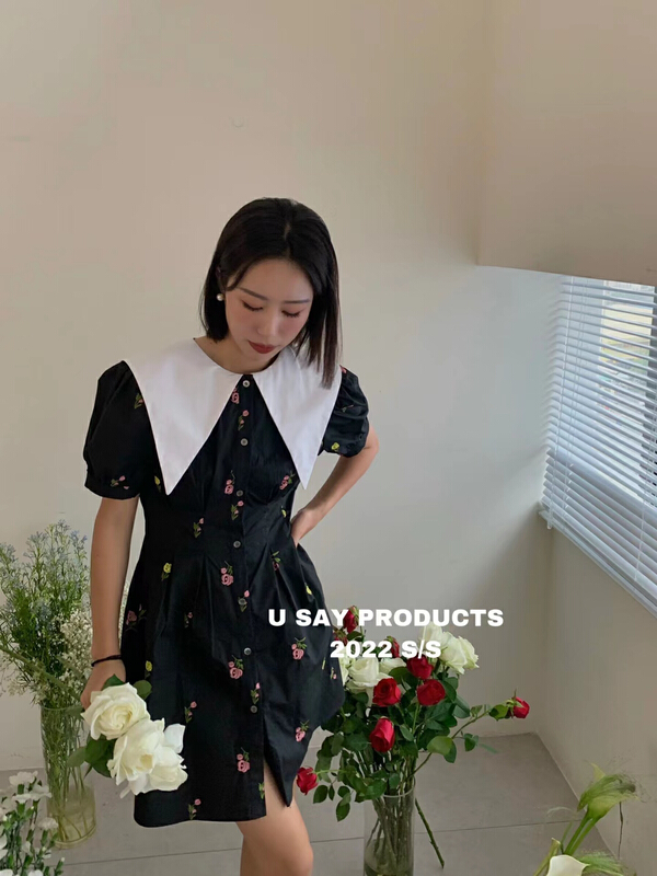 [u say] bubble sleeve Embroidered Baby Neck waist dress 66112\jhy