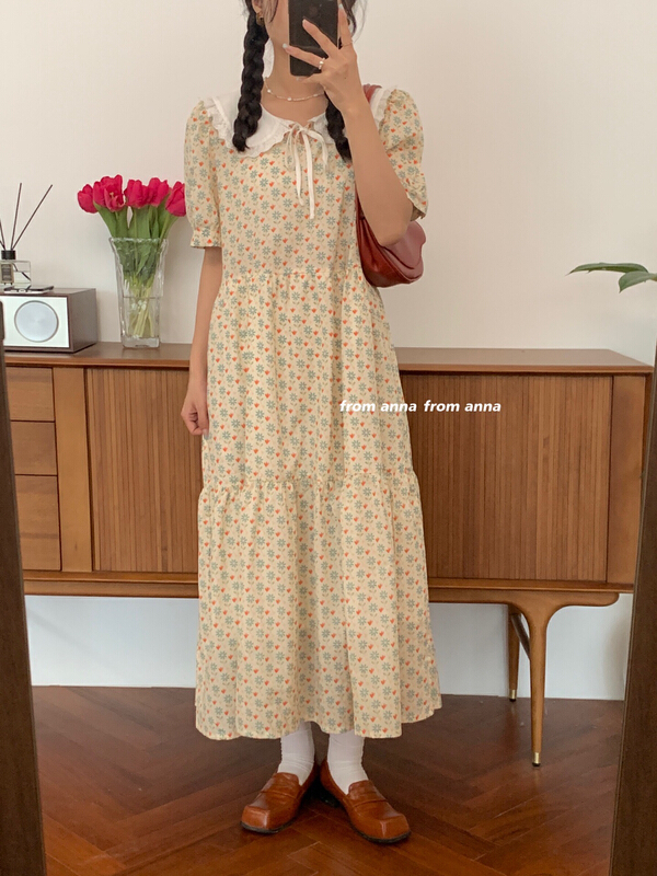 [from Anna] Korean retro color contrast collar floral dress 2170\lsw