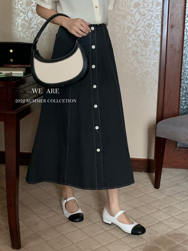 [we are] Korean version Versatile Single breasted A-line skirt 80077\zjy