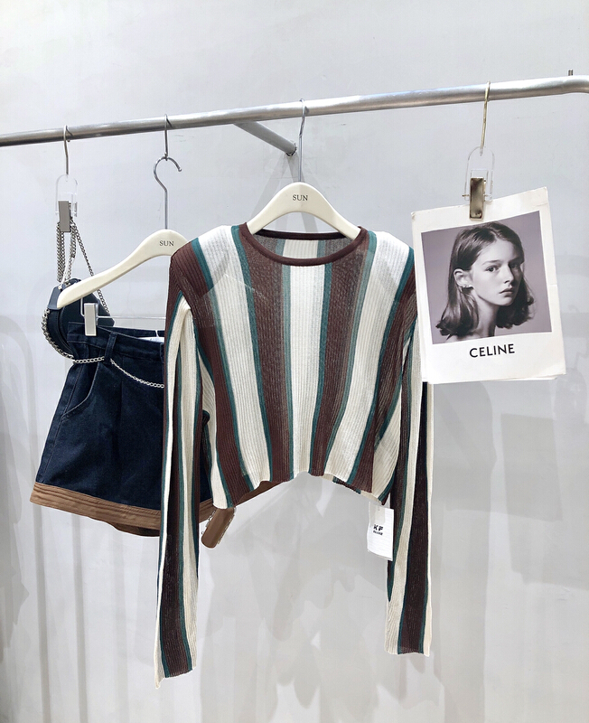 [sun] advanced retro stripe shoulder pad sun protection T-shirt 66861\hyy