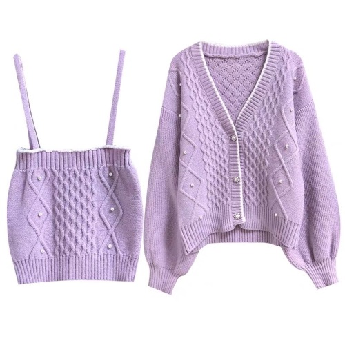 Lantern Sleeve thin sweater cardigan knitted vest suspender two piece set  spring new spice girls suit