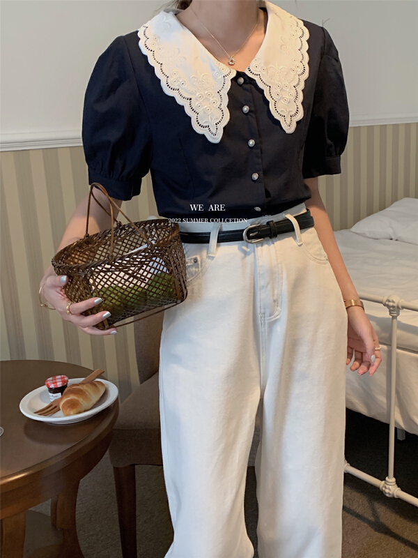 [we are] Korean version heavy craft lace baby collar shirt 20151\zjy