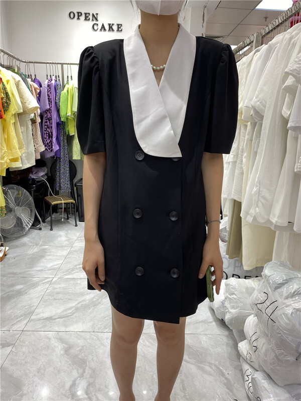 [open] color blocked V-neck double breasted suit dress 8806\ozq