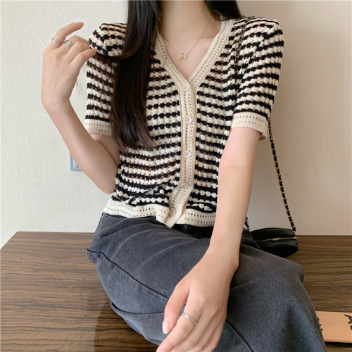 Real price Korean simple V-neck hollow stripe short sleeve knitted cardigan women's coat