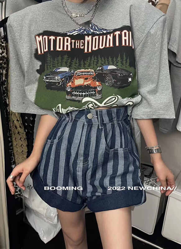 [looming] high waist casual stripe denim shorts 2462\zxl