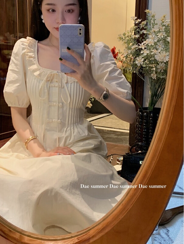 [w design] French retro buckle Ruffle bubble sleeve dress 43861\wpl