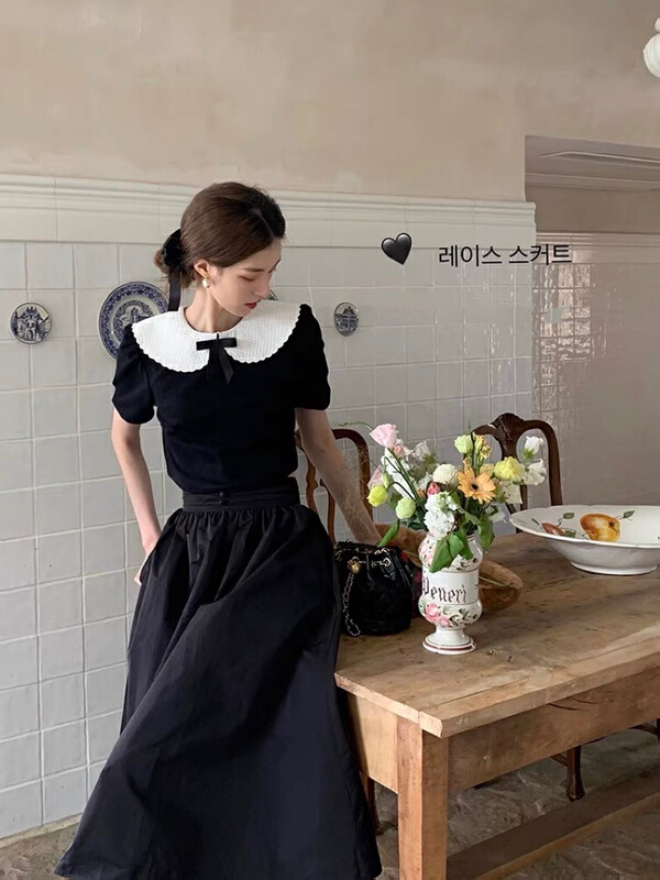 [w design] French retro doll neck, front and back two small shirts + skirt suit (bow can not be removed) 43001\wpl