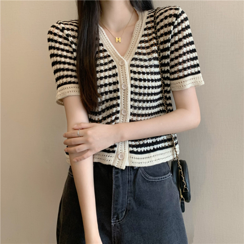 Real price Korean simple V-neck hollow stripe short sleeve knitted cardigan women's coat