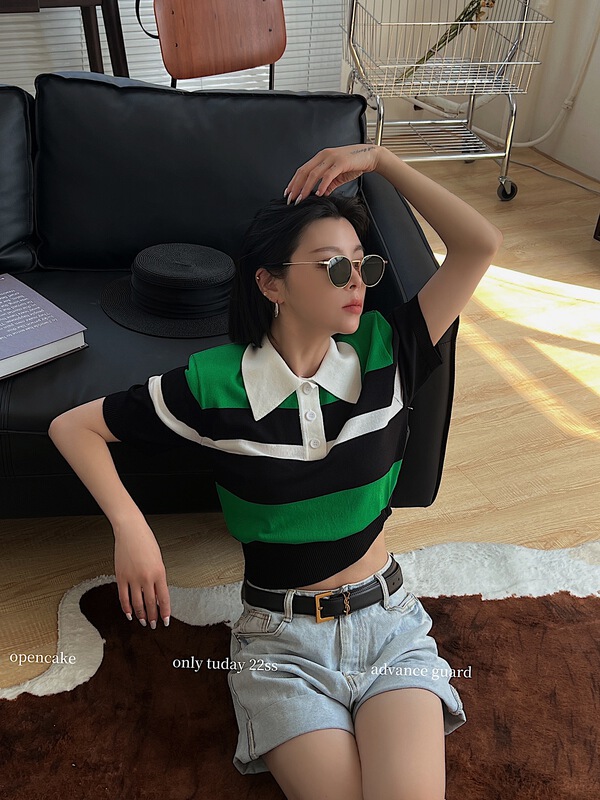 [open] casual stripe contrast T-shirt 7223\ozq