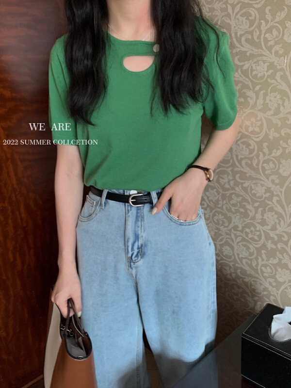 [we are] Korean version round neck hollow out short sleeve T-shirt 30089\zjy
