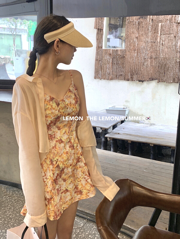[lemon green tea] sunscreen suspender floral dress suit 2257
