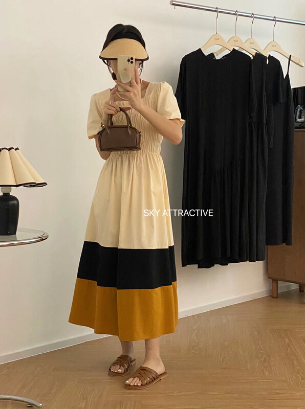 [sky] French color contrast bubble sleeve thin dress 19319\hbx