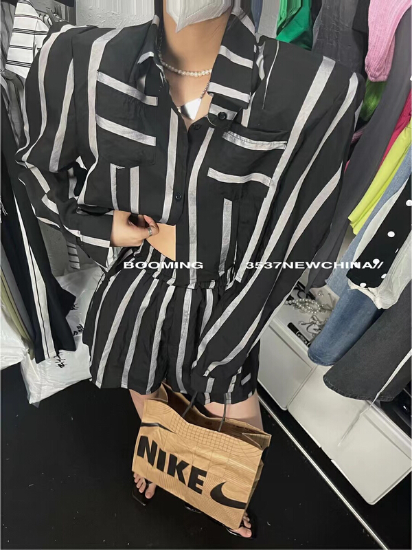 [looming] casual shoulder pad shirt + elastic waist casual pants set 2477\zxl