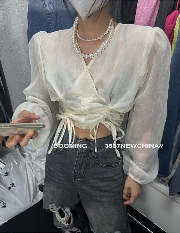 [looming] drawstring V-neck chiffon shirt 2490\zxl