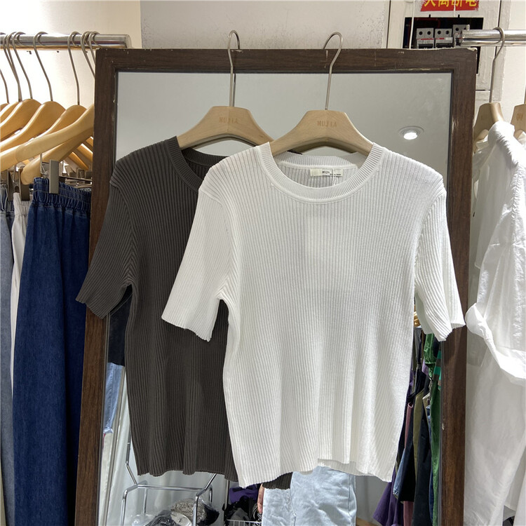 [Mujia] round neck elastic slim fitting short sleeve T-shirt k50137\l