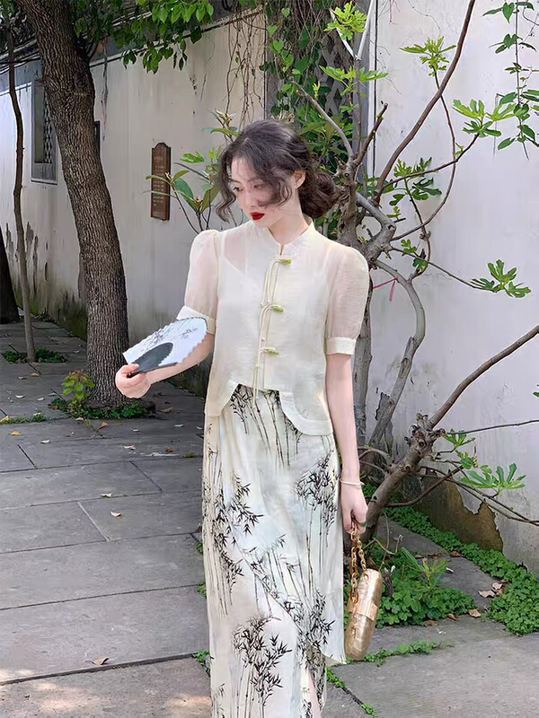 [w design] national style retro button up blouse + printed blouse skirt suit (with sling) ys1-40091\wpl