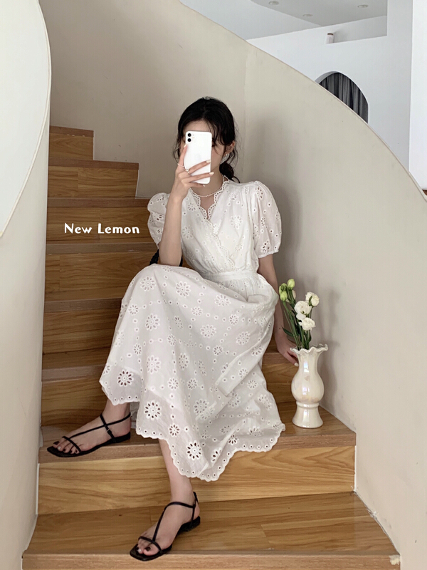 [lemon green tea] heavy industry lace embroidery temperament gentle dress 2260