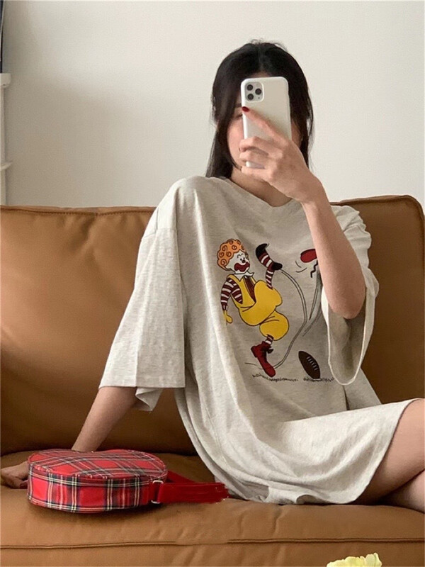 Original price 66.55! In early summer! [June 6th] Korean loose cartoon print medium long short sleeve T-shirt ys1-2299\wpl